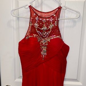 Red High-Neck Prom Dress a with Beaded Detailing